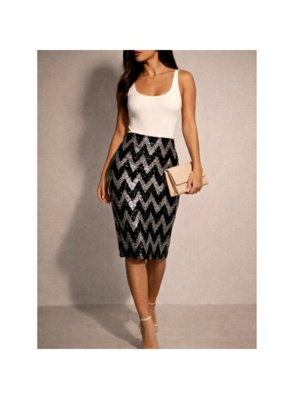 Parisian Collection Skirt SZ L Lined Stretch Sequin Metallic Silver Black Party